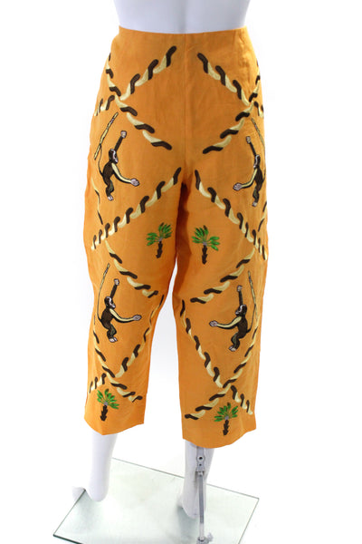 CJ Laing Womens High Rise Money Embroidered Cropped Pants Orange Linen Size 12