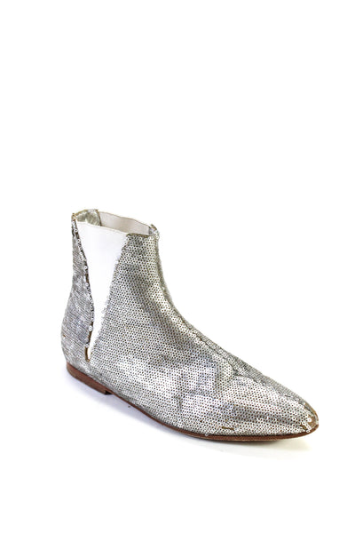 Chanel Womens Sequined Stretch Inset Ankle Boots Silver White Size 37.5 7.5