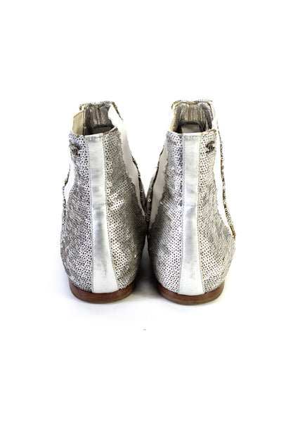 Chanel Womens Sequined Stretch Inset Ankle Boots Silver White Size 37.5 7.5