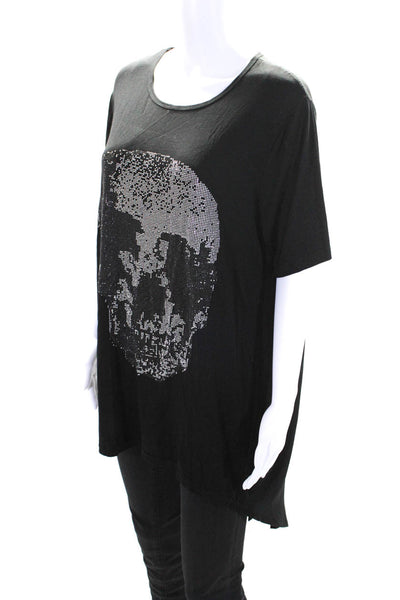 Comme USA Womens Studded Graphic Print Short Sleeve High Low Blouse Black Size M