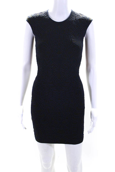 RVN Womens Blue Black Textured Printed Crew Neck Sleeveless Bodycon Dress SizeXS