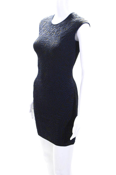 RVN Womens Blue Black Textured Printed Crew Neck Sleeveless Bodycon Dress SizeXS