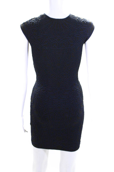 RVN Womens Blue Black Textured Printed Crew Neck Sleeveless Bodycon Dress SizeXS