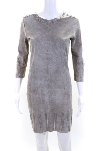 Stella & Jamie Womens Gray Suede Woven Detail Long Sleeve Shift Dress Size XS