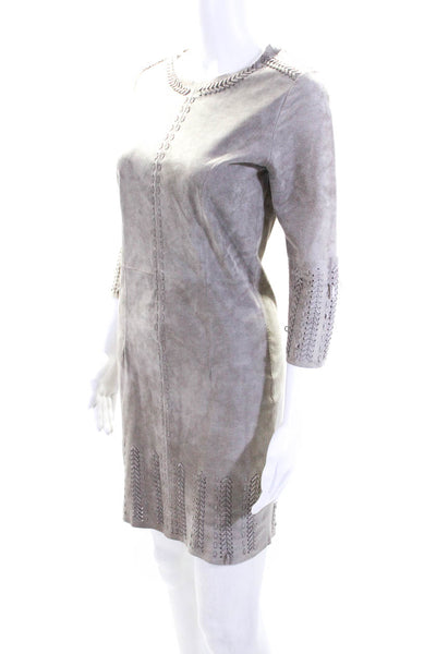 Stella & Jamie Womens Gray Suede Woven Detail Long Sleeve Shift Dress Size XS