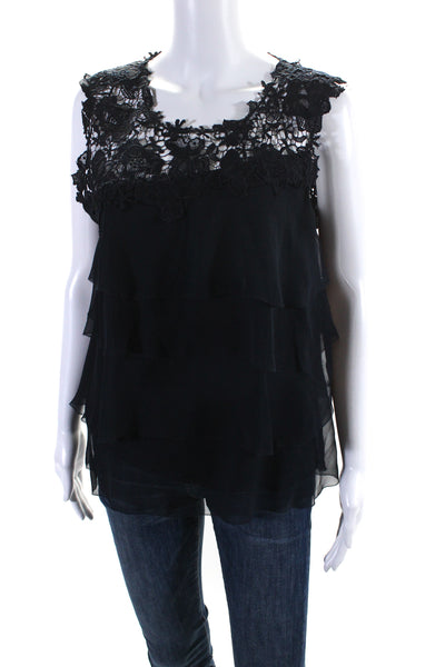 Elie Tahari Womens Lace Yoke Silk Chiffon Sleeveless Top Blouse Navy Blue XL