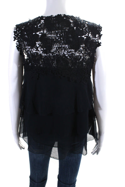 Elie Tahari Womens Lace Yoke Silk Chiffon Sleeveless Top Blouse Navy Blue XL