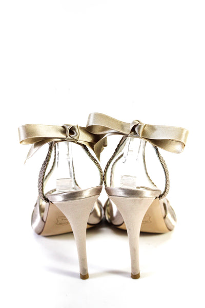 Stuart Weitzman Womens Braided Metallic Satin Bow Stiletto Sandals Beige Size 10