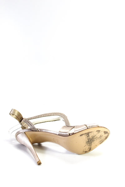 Stuart Weitzman Womens Braided Metallic Satin Bow Stiletto Sandals Beige Size 10