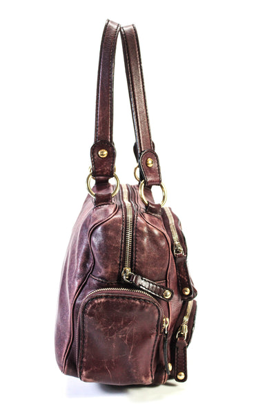 Tods Grained Leather Multi-Pocket Double Handle Shoulder Handbag Burgundy Red