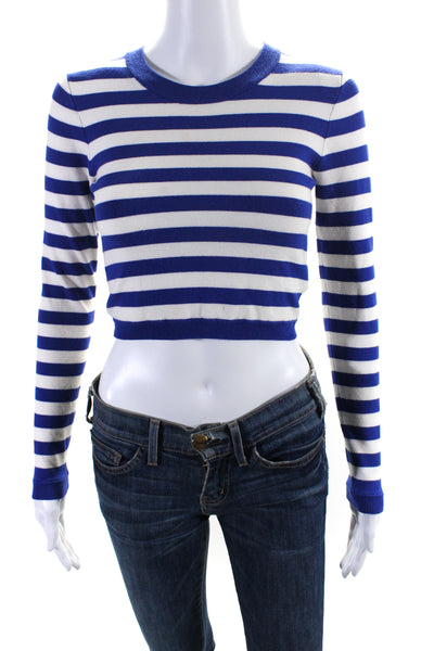 Milly Women's Round Neck Long Sleeves Cropped Sweater Blue Stripe Size S