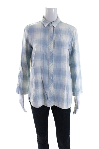 Bella Dahl Womens Cotton Plaid Print Collar Buttoned Long Sleeve Top Blue Size M