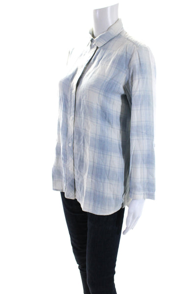 Bella Dahl Womens Cotton Plaid Print Collar Buttoned Long Sleeve Top Blue Size M