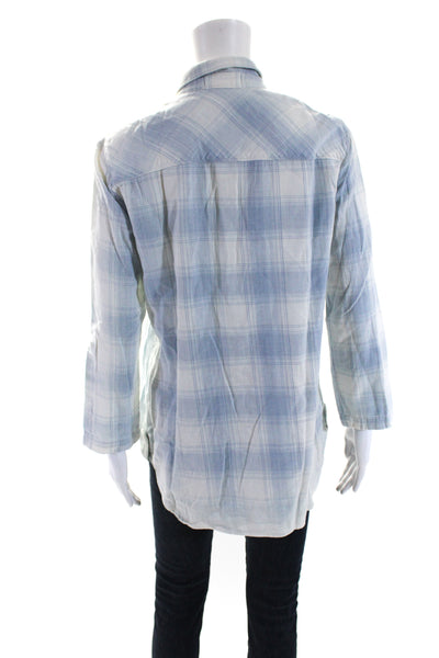 Bella Dahl Womens Cotton Plaid Print Collar Buttoned Long Sleeve Top Blue Size M