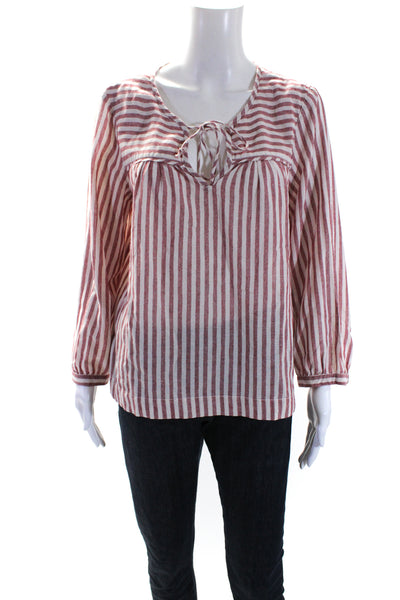 Xirena Womens Cotton Striped Print V-Neck Tied Long Sleeve Blouse Red Size M