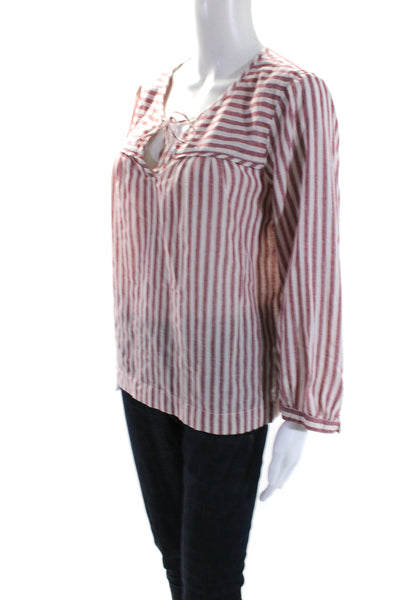 Xirena Womens Cotton Striped Print V-Neck Tied Long Sleeve Blouse Red Size M