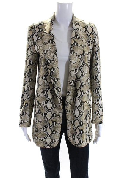 Zara Womens Animal Print Collared Open Front Long Sleeve Blazer Beige Size S