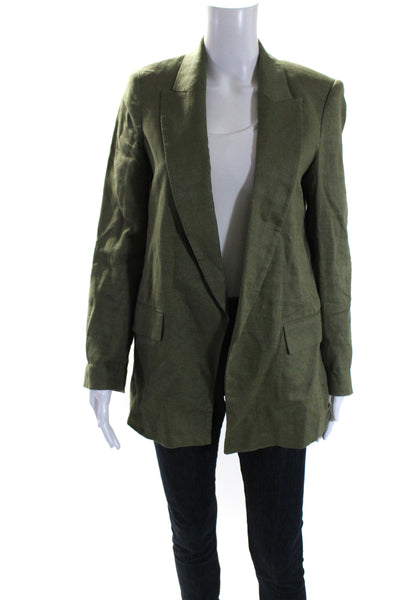 Zara Womens Linen Collared Open Front Long Sleeve Darted Blazer Green Size XS