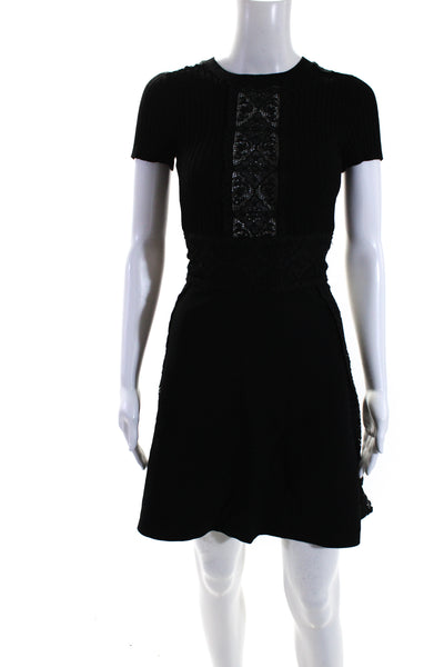 Valentino Womens Black Navy Eyelet Trim Short Sleeve A-Line Dress Size XS