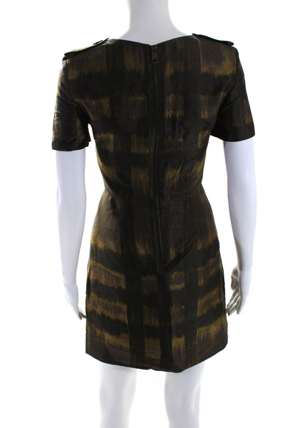 Burberry Womens Brown Printed Crew Neck Zip Back Short Sleeve Shift Dress Size 2