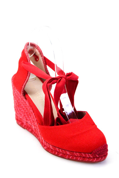 Stuart Weitzman Womens Linen Lace Up High Wedge Heel Espadrilles Red Size 6.5US