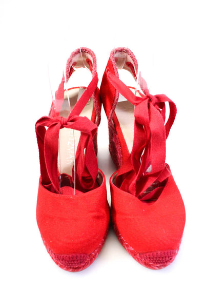 Stuart Weitzman Womens Linen Lace Up High Wedge Heel Espadrilles Red Size 6.5US