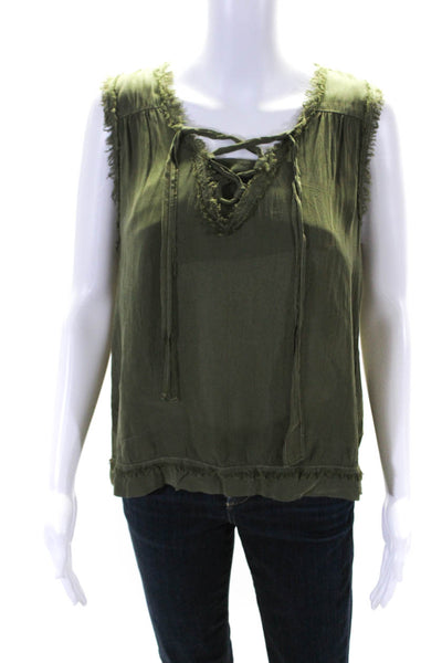 Maven West Womens V-Neck Lace-Up Tied Fringed Trimmed Tank Blouse Green Size S