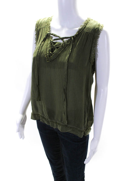 Maven West Womens V-Neck Lace-Up Tied Fringed Trimmed Tank Blouse Green Size S