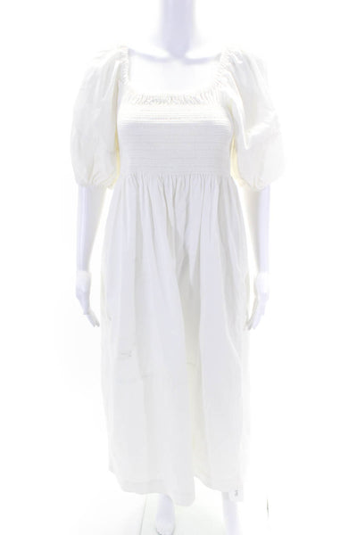 La Ligne Women's Square Neck Puff Sleeves Smocked Tiered Maxi Dress White Size L