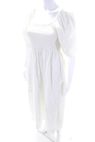 La Ligne Women's Square Neck Puff Sleeves Smocked Tiered Maxi Dress White Size L