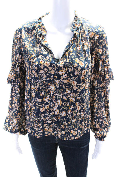 Intermix Womens Silk Floral Print Long Sleeves Blouse Navy Blue Size Small