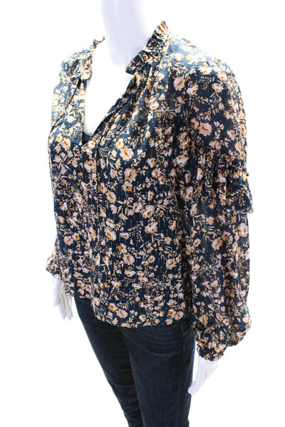 Intermix Womens Silk Floral Print Long Sleeves Blouse Navy Blue Size Small