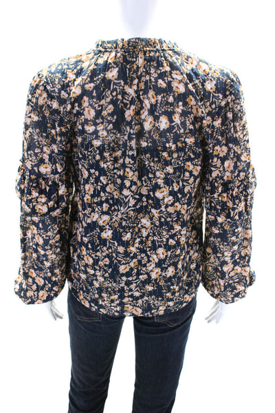 Intermix Womens Silk Floral Print Long Sleeves Blouse Navy Blue Size Small