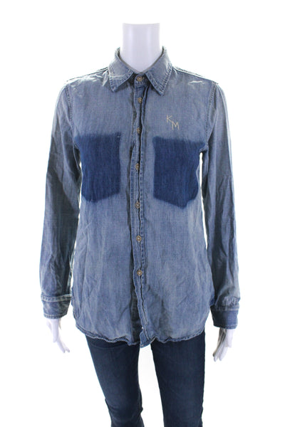 Mother Womens Cotton Denim Button Down Double Foxy Jean Shirt Top Blue Size S