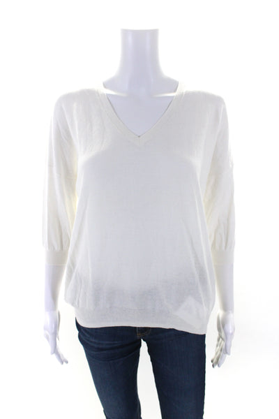 Minnie Rose Womens Short Sleeves V Neck Sweater White Cotton Size Extra Small