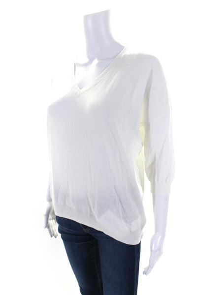 Minnie Rose Womens Short Sleeves V Neck Sweater White Cotton Size Extra Small