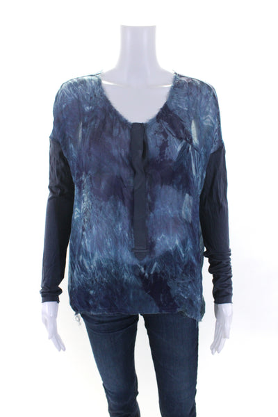 Go By GoSilk Womens Abstract Print Long Sleeves Blouse Blue Size Extra Small