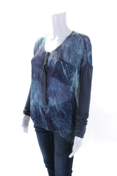 Go By GoSilk Womens Abstract Print Long Sleeves Blouse Blue Size Extra Small