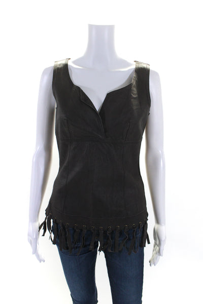 Illia Womens Leather Fringe Detail Trim Zip Up Tank Top Rustic Brown Size 4