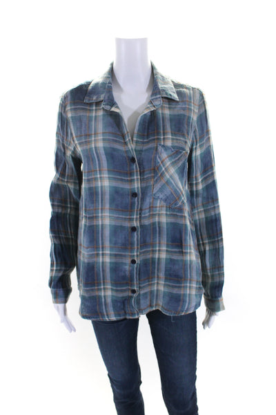 Bella Dahl Womens Plaid Long Sleeves Button Down Shirt Blue Cotton Size Small