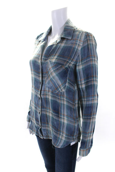 Bella Dahl Womens Plaid Long Sleeves Button Down Shirt Blue Cotton Size Small