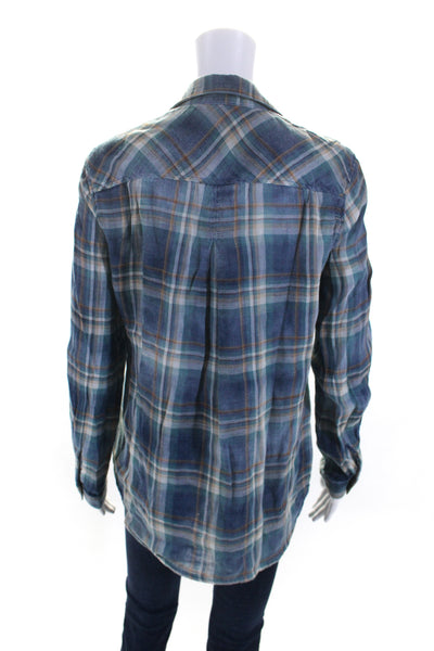 Bella Dahl Womens Plaid Long Sleeves Button Down Shirt Blue Cotton Size Small