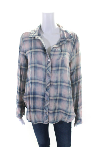 Bella Dahl Womens Plaid Long Sleeves Button Down Shirt Pink Blue Size Medium