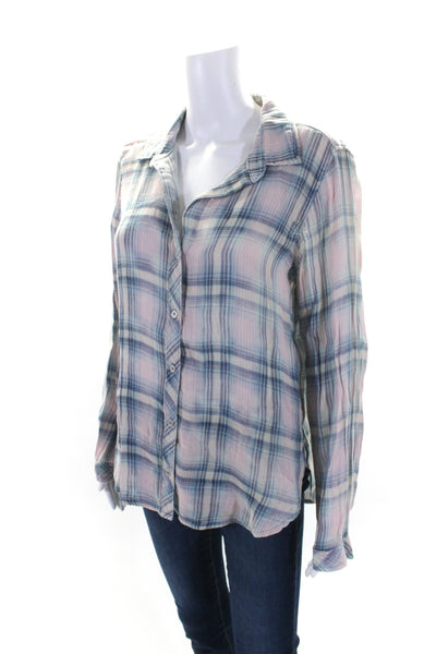 Bella Dahl Womens Plaid Long Sleeves Button Down Shirt Pink Blue Size Medium