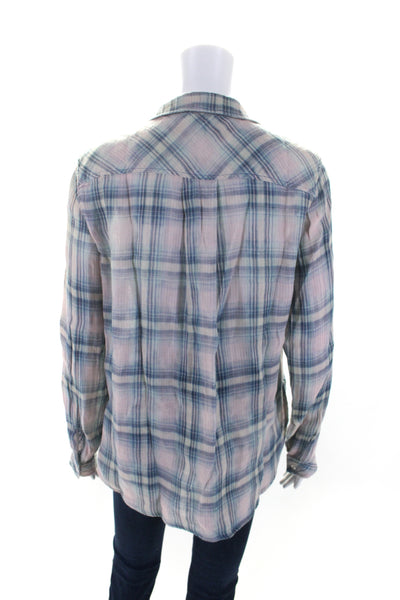 Bella Dahl Womens Plaid Long Sleeves Button Down Shirt Pink Blue Size Medium