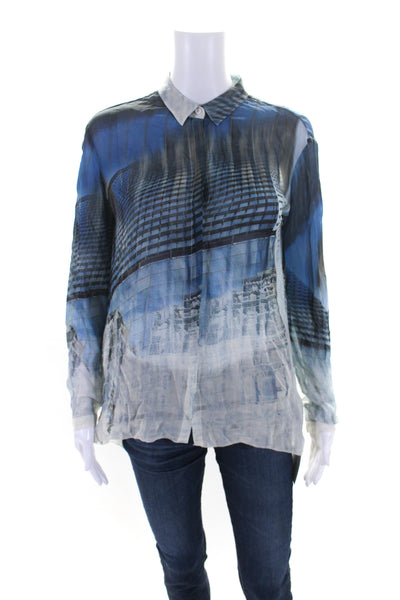 Go By GoSilk Womens Silk Button Down Blouse Blue White Size Extra Small