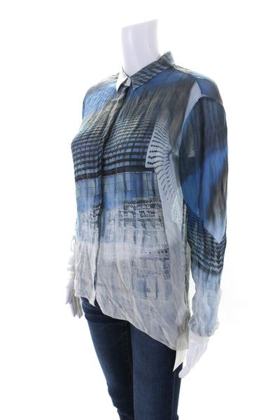 Go By GoSilk Womens Silk Button Down Blouse Blue White Size Extra Small