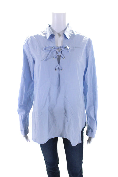 Trovata Womens Long Sleeves Lace Up Collared Shirt Blue Cotton Size Medium