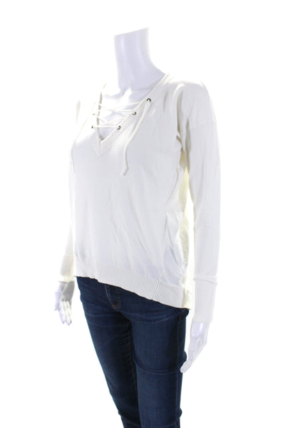 Central Park West Womens Lace Up V Neck Long Sleeves Sweater White Size Extra Sm