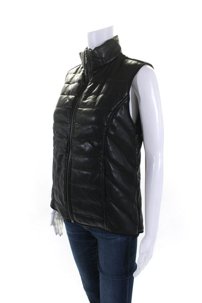 Drew Womens Faux Leather Full Zipper Mock Neck Vest Jacket Black Size Medium